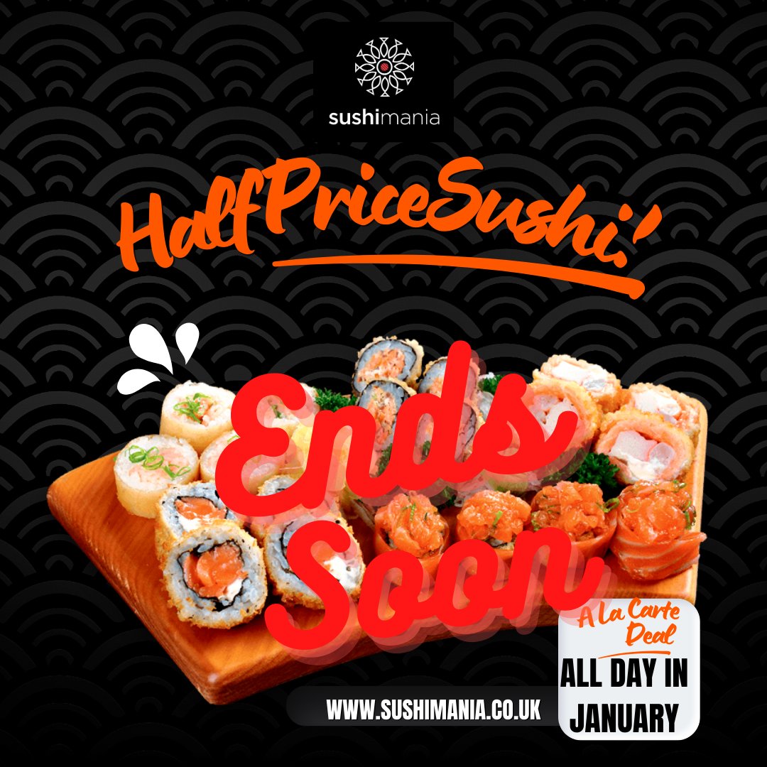 Sushimania_uk's tweet photo. Please don't miss out.
Our fantastic Half Price A La Carte Food offer is coming to an endπ
Book now for fantasticπ£π±π²π€π₯π¦ͺππ₯π₯all with 50% off.
#sushi #halfpricefood #halfpricesushi https://t.co/elL7HSJ2iT