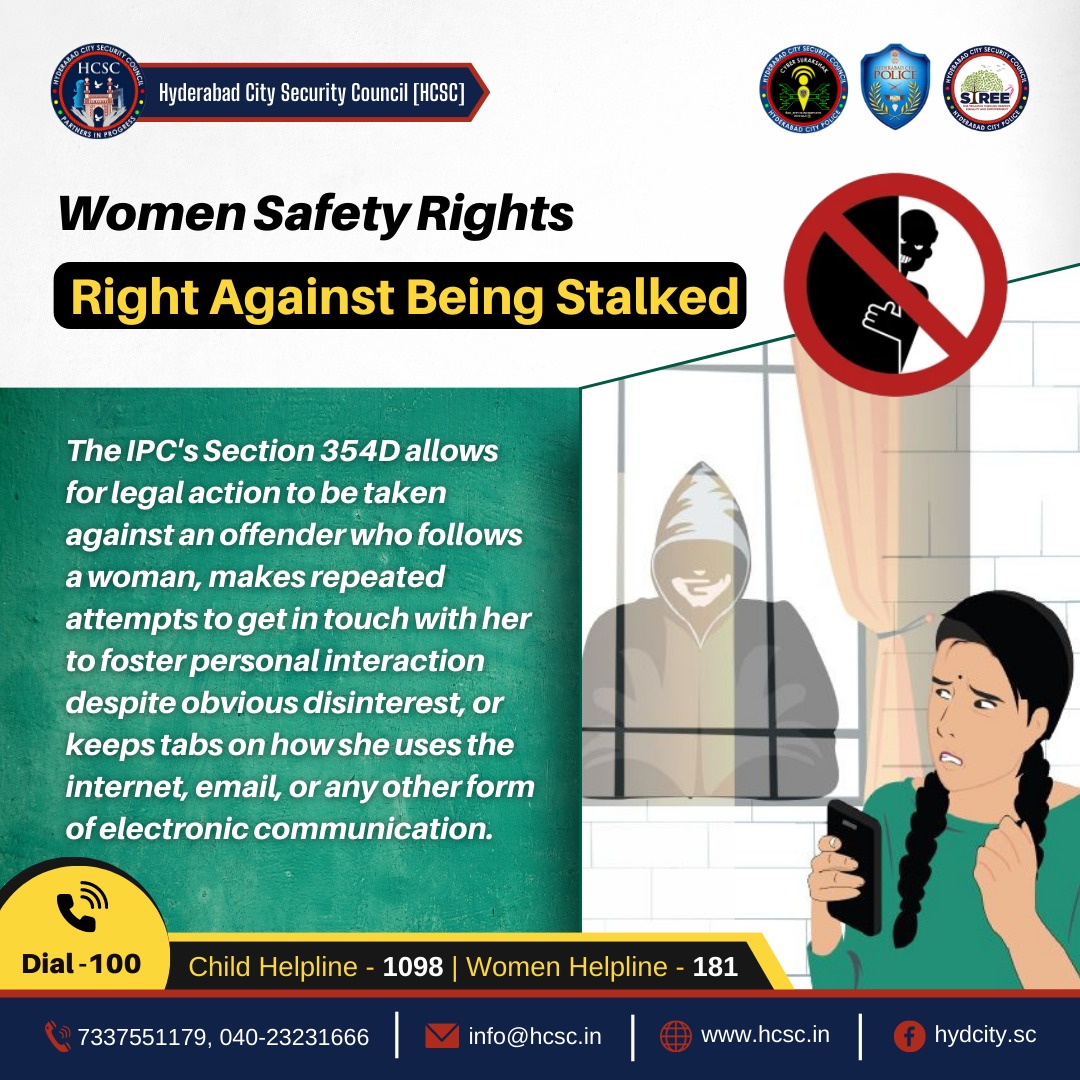 Women must be aware of the laws that have been put in place to protect them, given the number of crimes that are committed against them regularly. 

#HCSC #Hyderabad
#crimeagainstwomen #womensafety #women #woman #safety  #safetyforwomen 
#indianlaw #ipcsection354d