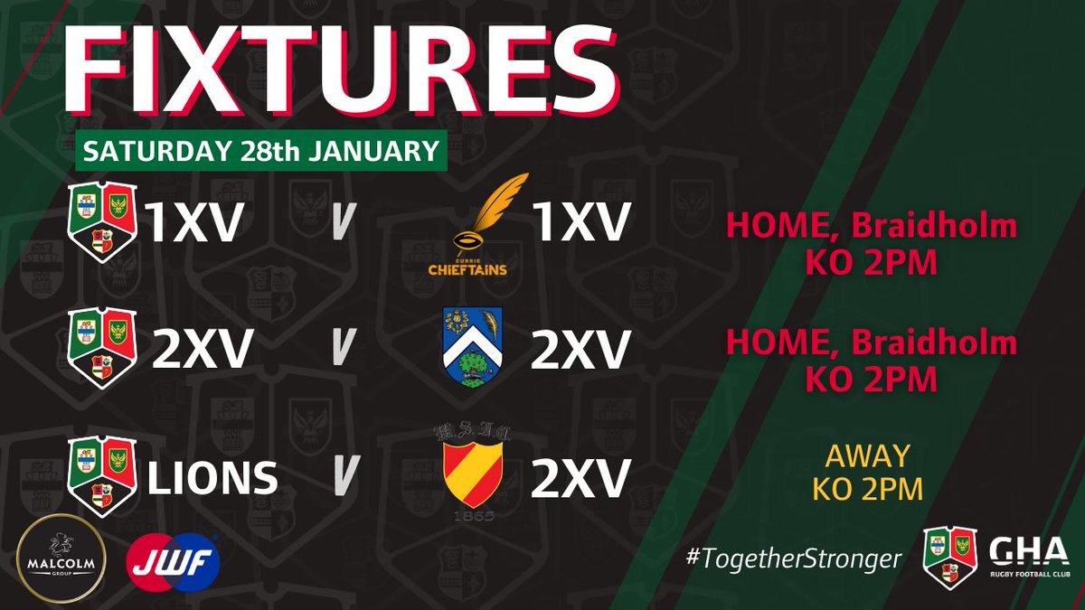 FIXTURES| This week’s senior league line-up is a big one, with a double home game at Braidholm:
1XV face <a href="/ChieftainsRC/">Currie Chieftains</a> in the Prem, 2XV play <a href="/GlasgowAccies/">Glasgow Accies</a> in their first fixture in 8 weeks and the Lions head to Milngavie to take on <a href="/BurnbraeBull/">West of Scotland Rugby</a> !

📝Team news on the way…!