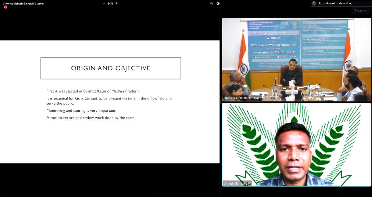 DARPG_GoI's tweet photo. [1/2] NGGWS Webinar 10 chaired by Shri V Srinivas, Secretary, on ‘Innovations at District level’. Webinar attended by 1001 District/ State level officials. https://t.co/7z2xhtpBQB