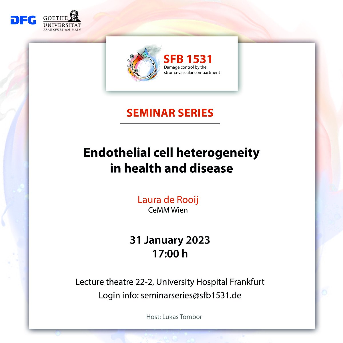 Looking forward to our SFB 1531 seminar next Tuesday! Save the date and don`t miss @rooij_laura from CeMM talking about #endothelial cell heterogeneity! #cardiotwitter @goetheuni @CeMM_News