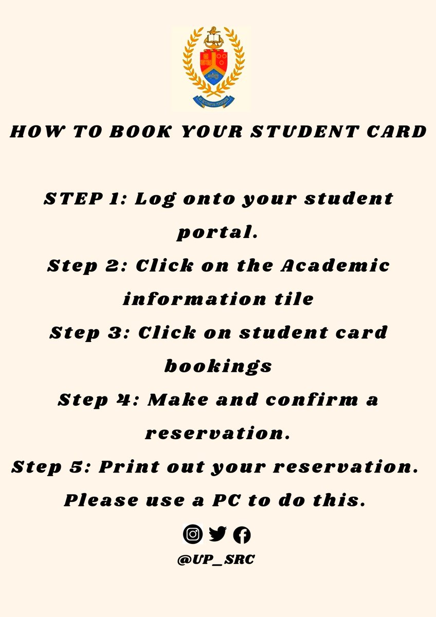 Steps to follow when booking your student card. 
#UPSRC