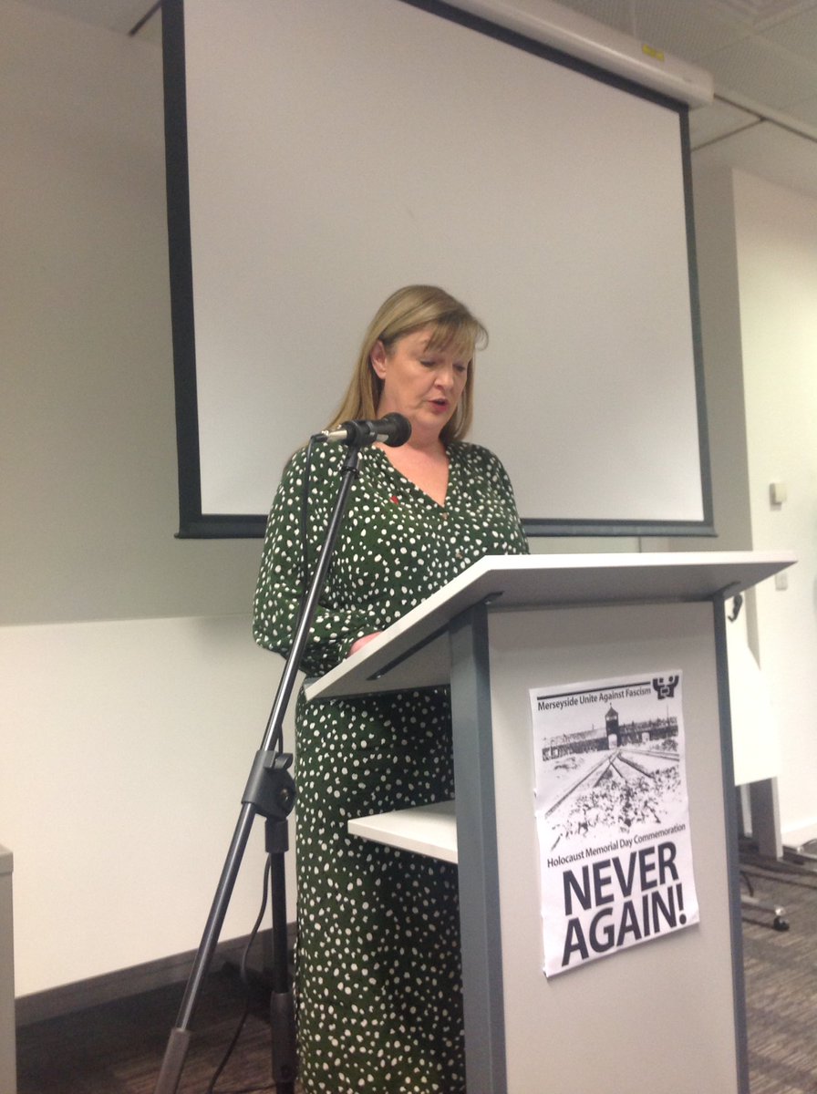 Thank you to Liverpool City Councillor @ann_obyrne for reading an extract of Holocaust Survivor Testimony at last night's Holocaust Memorial Day Commemoration, organised by Unite Against Fascism Merseyside, working with members of Merseyside Jewish Representative Council.