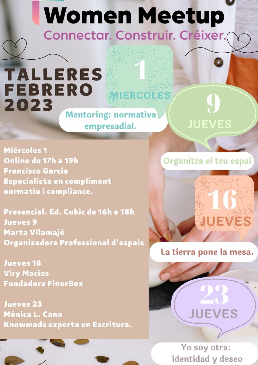 Los talleres de <a href="/VWomenmeetup/">Viladecans WomenMeetUp</a> para febrero tienen nombres sugerentes:  

✅COMPLIANCE: normativa empresarial, Francisco García
🧭   Organitza el teu espai, Marta Vilamajó
🧂   La tierra pone la mesa, Viry Macías
💃 Yo soy otra: identidad y deseo, Mónica Cano

❣️❣️❣️