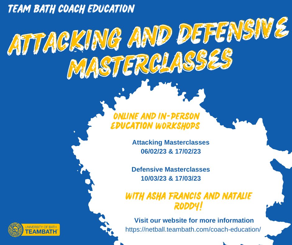 🚨 Book onto our new attacking and defensive masterclasses!

We are offering 4 new sessions available online and in-person

There is a discount available if you book onto both sessions

Click the link to book ⬇️
netball.teambath.com/coach-educatio…

#Netball #BlueAndGold #Coaches