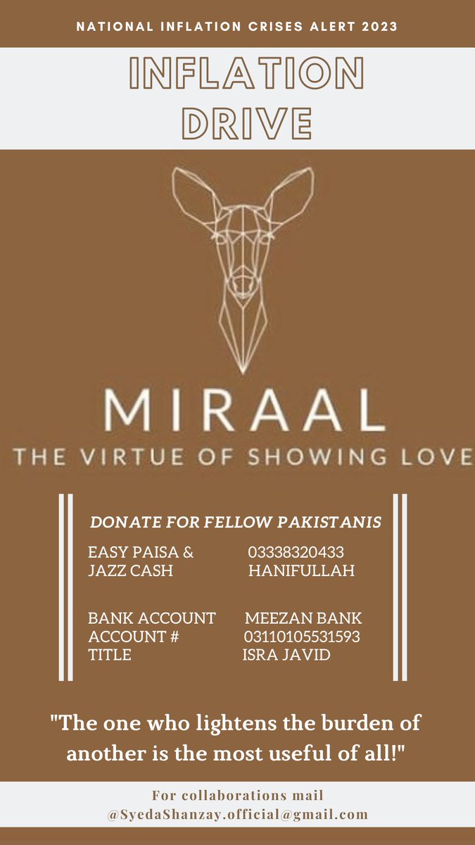 projectmiraal's tweet photo. Hey you guys! Miraal has launched an inflation drive to support the fellow Pakistanis in this unbearable financial crunch.
 Please donate to Miraal for this noble cause 💛✨
#projectmiraal
#inflationdrive https://t.co/bGOBz1pAz9