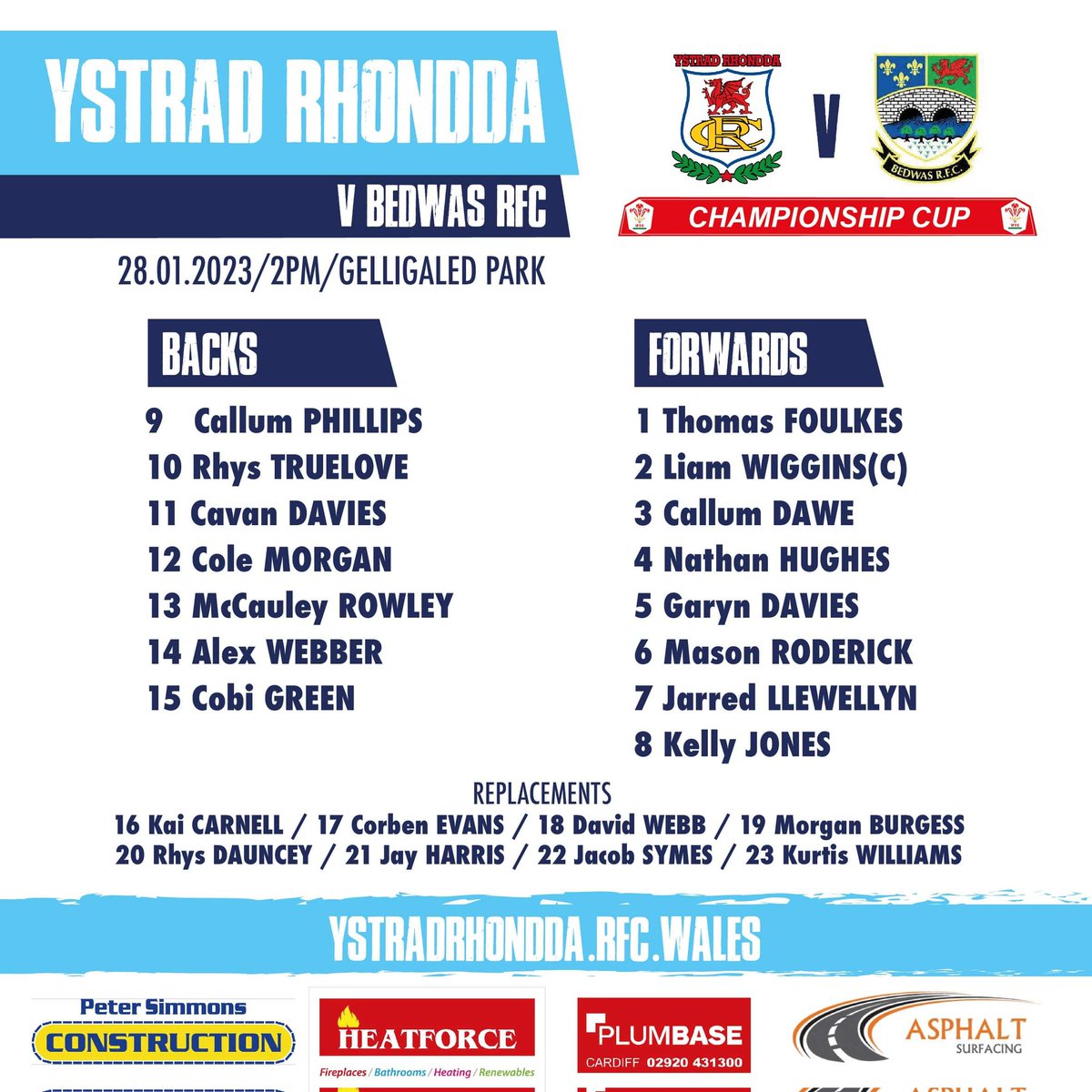 YstradRFC's tweet photo. ‼️ TEAM NEWS ‼️

🏉 @YstradRFC v @bedwasrfc

🏆 CHAMPIONSHIP CUP 🏆

📅 28/1/23

⏰ 2.00pm Kick Off 

🏟 CF41 7SY Gelligaled Park, Ystrad Rhondda.

#ShowYourSupport #COTY 
💙🏆🏉 💙 🏆🏉 https://t.co/fg3kbJ2w4i