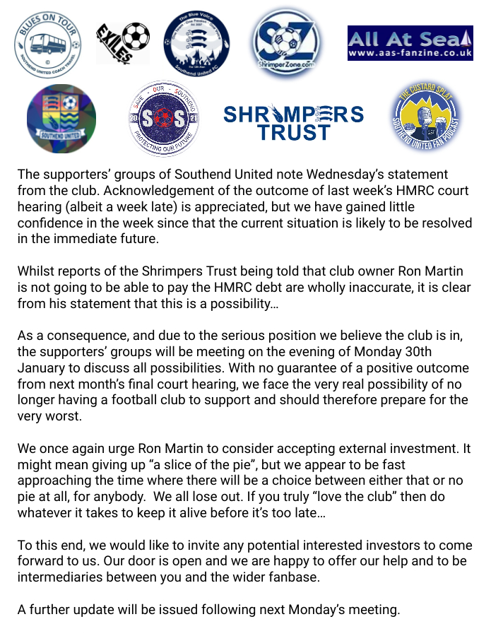 OurSouthend's tweet image. ✍️📝🦐🆘 

Please share far and wide. 

If you're unaware of the situation, in short the club has been given a "final" chance on 1st March to settle a huge HMRC tax debt. We have zero confidence that our "Chairman" will achieve this.

An alternative owner needs to be found. Now.