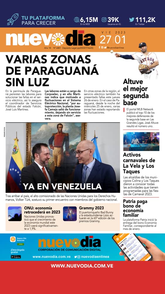 Buenos días por acá la primera de hoy #27Enero del diario #NuevoDia del estado #Falcon