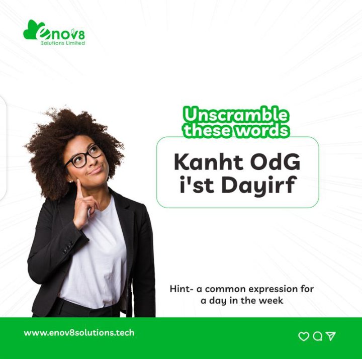 Enov8Solutions's tweet photo. Let's see if you can unscramble these words with the help of our hint.

When you find the answer, tag a friend who gets excited at the sound of these words 😀

#gametimelive #unscramble #unscrambletheword #tgif #enov8solutions #seamlessfuture https://t.co/f0cLUlvPp5