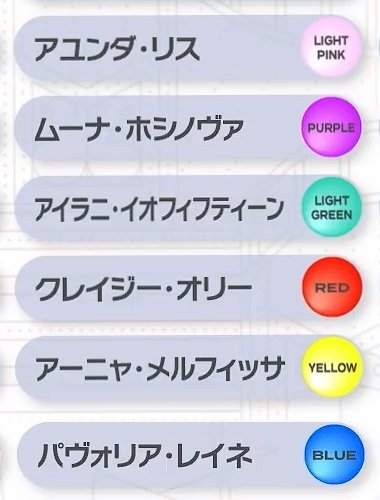 AREA 15
Ayunda Risu - Light Pink
Moona Hoahinova - Purple
Airani Iofifteen - Light Green

HOLORO (3D debut hype!!!)
Kureiji Ollie - Red
Anya Melfissa - Yellow
Pavolia Reine - Blue
#ひろがるホロライブ