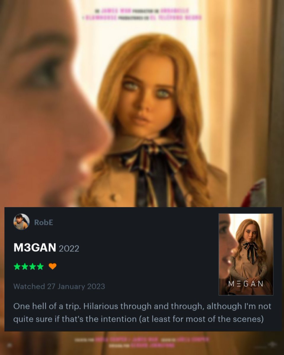 BinaryBleus's tweet photo. Megan (2022)
One hell of a trip. Hilarious through and through, although I'm not quite sure if that's the intention (at least for most of the scenes)
#FIWI2023RobE #moviereview #megan #binarybleus https://t.co/1uOReVUa7E