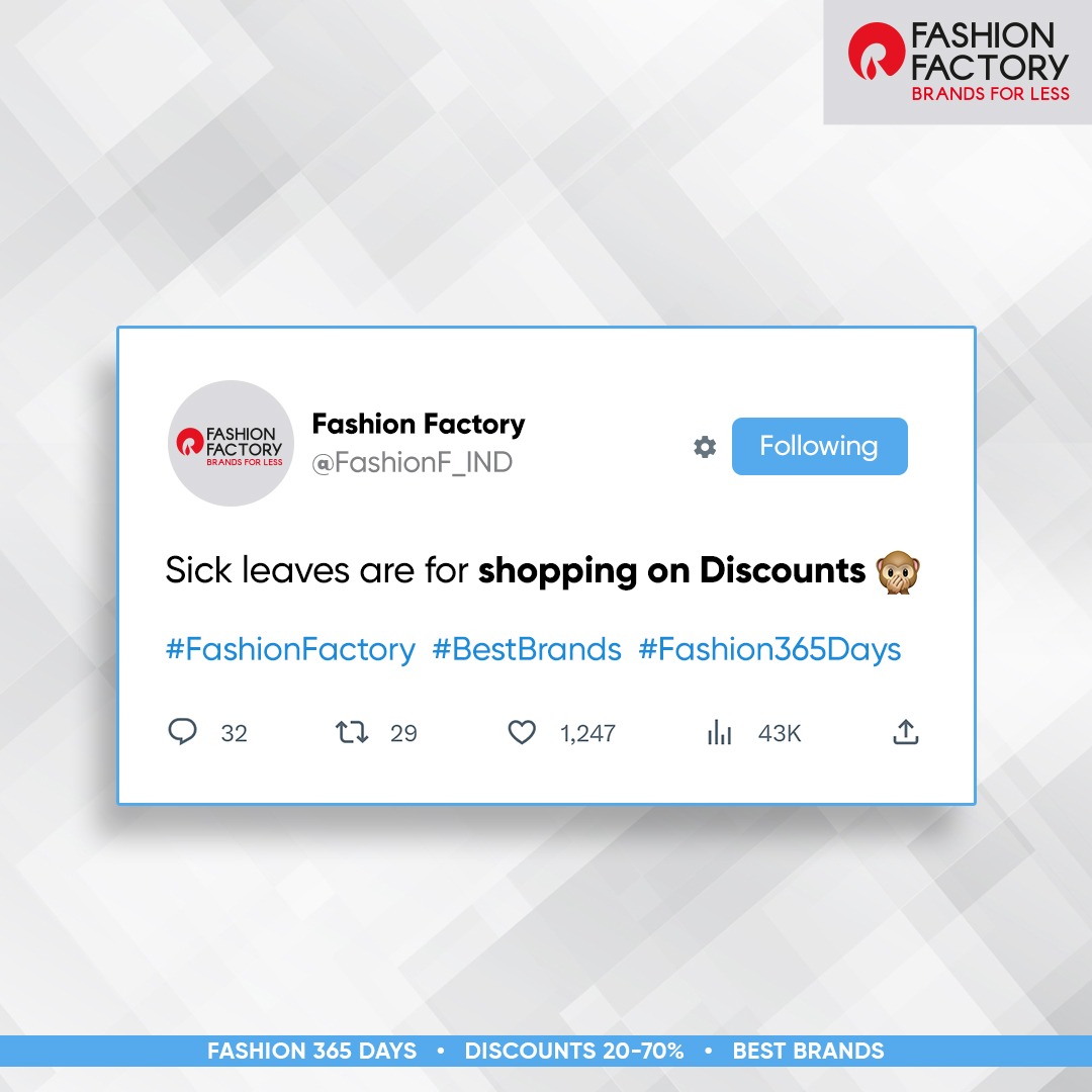 FashionF_IND's tweet photo. Tag your friends on a sick leave today and let them find their way to the nearest Fashion Factory store.
#FashionFactory #FridayLeave #Friday #SickLeave #Trending #BestBrands #Fashion365Days #Discounts #Offers #Style #Fashion #MomentMarketing https://t.co/1Mn8m061qJ
