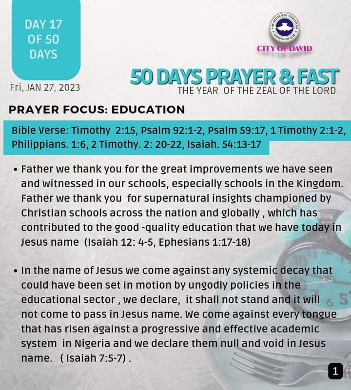 RCCGCityofDavid's tweet photo. DAY 17 Prayer Points for #50DaysFast - Friday, January 27, 2023
#RCCGFast
#RCCGFast2023
#CODDailyPrayerPoints https://t.co/jvZzKwGEM9