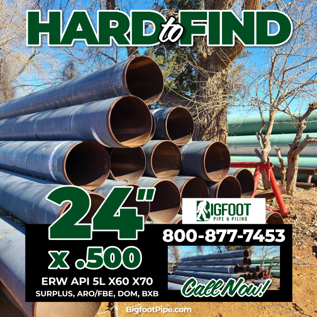 buckmag's tweet photo. Hard to find 24" X .500 available now!
ERW API 5L X60 X70, SURPLUS, ARO/FBE, DOM, BXB
Request your quote today! 800.877.7453.
https://t.co/ADDtJ3kzjb
Credit: @bigfootpipe
#Pilebuck #BigfootPipe #steelpipe #steelfencing #pipeyard https://t.co/9hQ1CyYHiJ