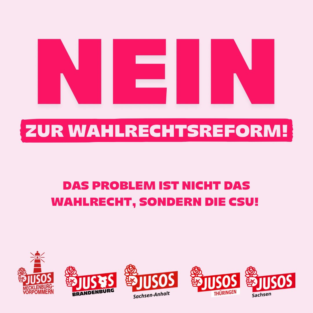 Wir lehnen die gemeinsam mit den <a href="/Jusos_Th/">Jusos Thüringen</a>, <a href="/JusosBRB/">Jusos Brandenburg</a>, <a href="/JusosSN/">Jusos Sachsen</a> und den <a href="/AnhaltJusos/">Jusos Sachsen-Anhalt</a> Wahlrechtsreform ab. Warum, könnt ihr hier lesen: jusos-mv.de/meldungen/nein…