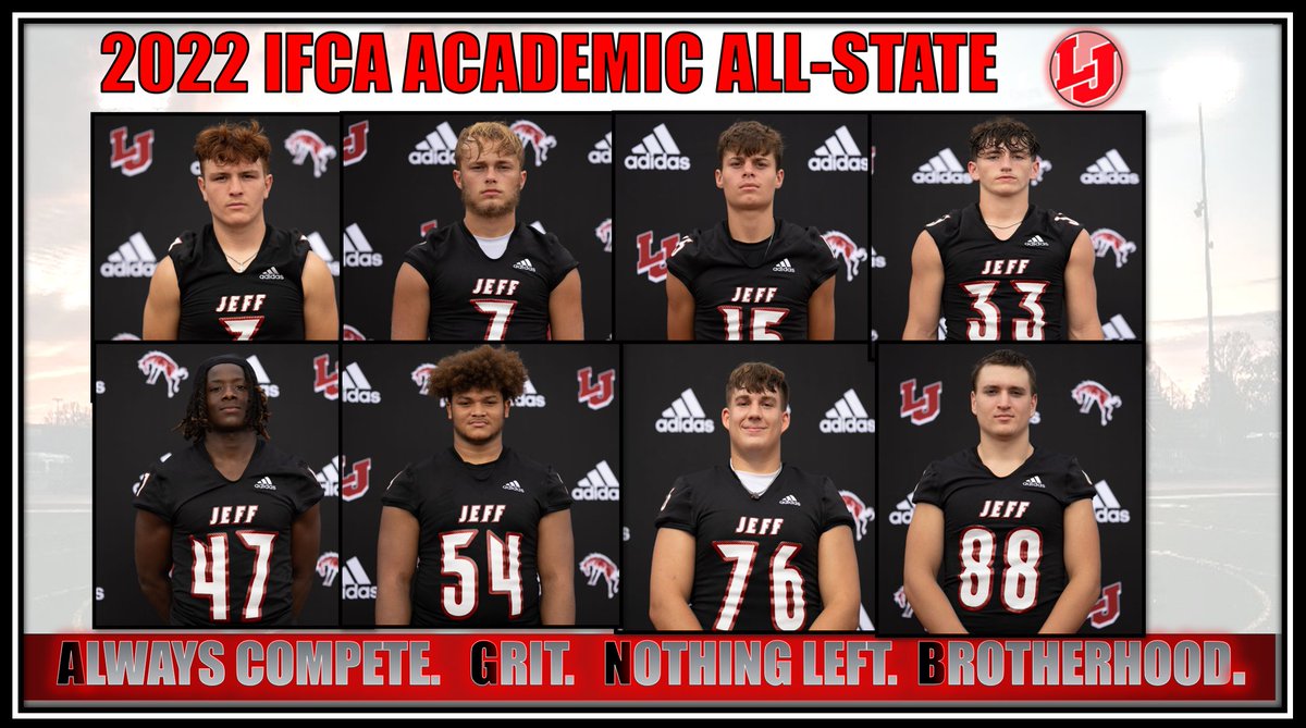 Congrats to our <a href="/LJBronchoFB/">Lafayette Jeff Football</a> student-athletes who were selected to the 2022 <a href="/INFBCoaches/">IFCA</a> Academic All-State team.  <a href="/abramritchie_/">Abram Ritchie</a> <a href="/ChetAdams5/">Chet Adams</a>  <a href="/esmitty09/">Ethan Smith</a> <a href="/miller_jaeden/">Jaeden Miller</a> <a href="/jojohouston2/">jojohouston</a> <a href="/joshwhite125/">Josh White</a> Jordan Scowden, and Tony Renaldo    #AGNB