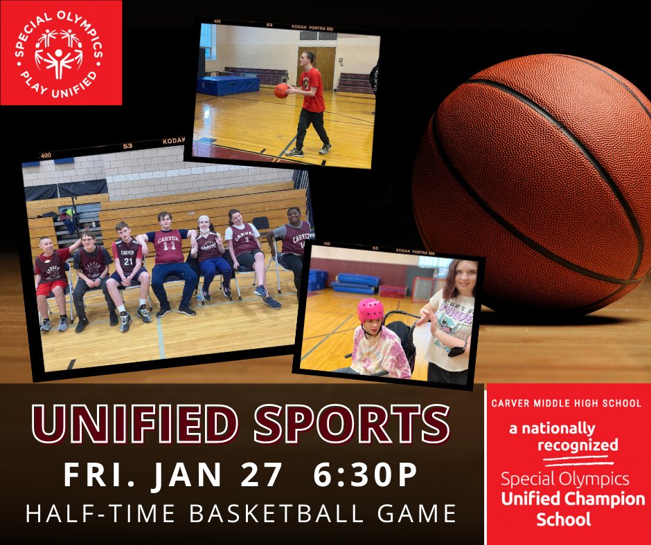 Carverschoolsma's tweet photo. Did you know that Carver Middle High School is a nationally recognized Unified Champion school? Come on out to cheer on our Unified Athletes at their Half-Time Game during the Boys Varsity Basketball Game on Friday, Jan. 27 - 6:30p. Details and more at https://t.co/SpnjT3qHo9 https://t.co/Fuh54a4rwA
