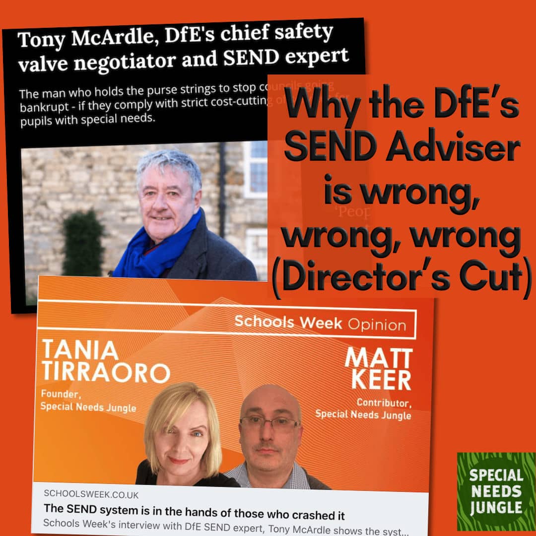 SpcialNdsJungle's tweet photo. On SNJ Today: Does @educationgovuk really believe what its adviser, Tony McArdle says about #EHCP "golden tickets" after all the parents they've heard from? SNJ's  @CaptainK77 offers an expanded #DirectorsCut with the unvarnished truth of the SEND system https://t.co/4wjo6GLIXt https://t.co/WB8zc9kymr