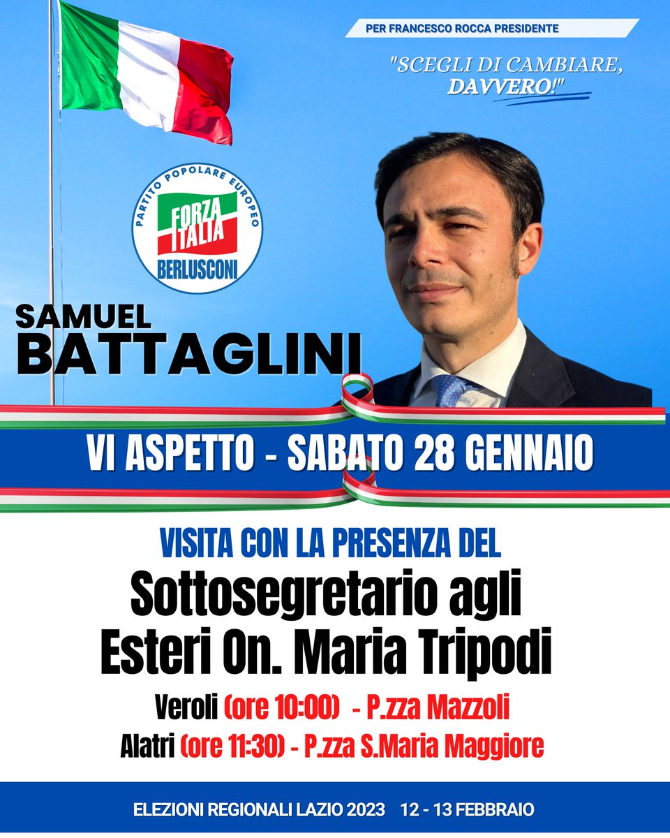 Il 12 e 13 febbraio vota FORZA ITALIA e scrivi BATTAGLINI.

#FORZAITALIA #ELEZIONIREGIONALILAZIO #VEROLI #ALATRI 

<a href="/tripodimaria/">Maria Tripodi</a>