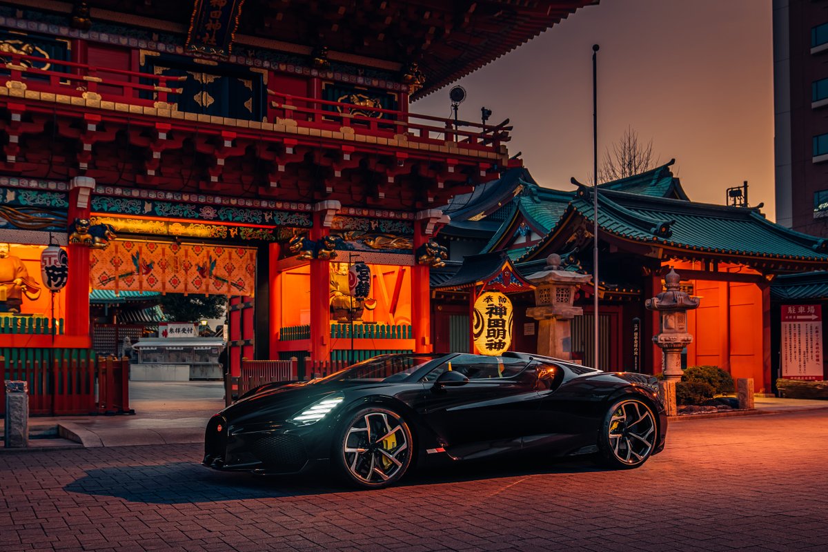 Bugatti's tweet photo. A sense of Tokyo’s modernity and tradition entwines within a kaleidoscope of vibrant color as the W16 MISTRAL finds a place in front of the revered Kanda Myojin Shrine.

#BUGATTI #W16MISTRAL
–
https://t.co/mCEE0ghyaw https://t.co/UYSBzZqL5y