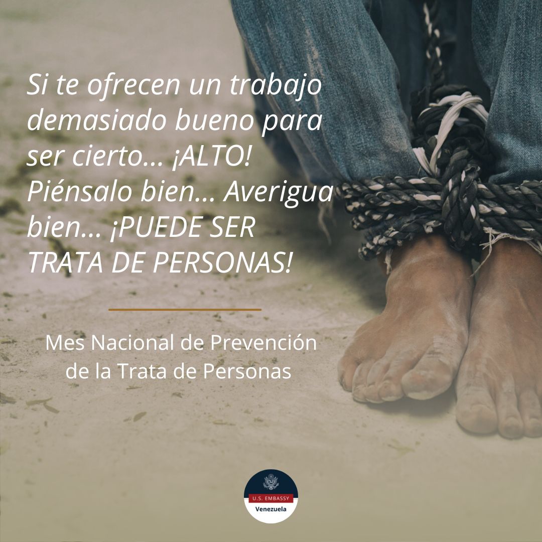 La trata y tráfico tienen como víctimas a unas 25MM de personas en el mundo.

En el Mes Nacional de la Prevención de la Trata, ¡infórmate! El principal tipo de trata es con fines de explotación sexual o de turismo sexual.