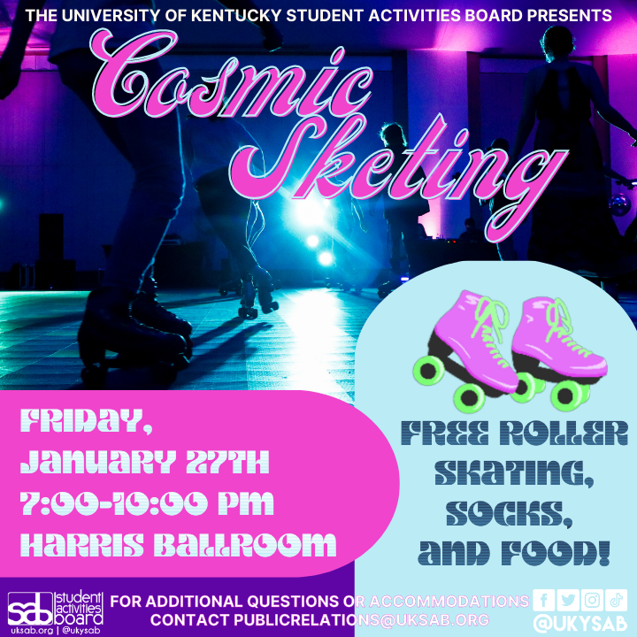 We will provide bright, white knee-high socks (while supplies last) to help set the tone  as nothing short of otherworldly in a skating rink with added glow-in-the-dark effects! Roll with us to the cosmos tonight in the Gatton Student Center Harris Ballroom from 7-10 pm! 🛼⭐️👽🪐