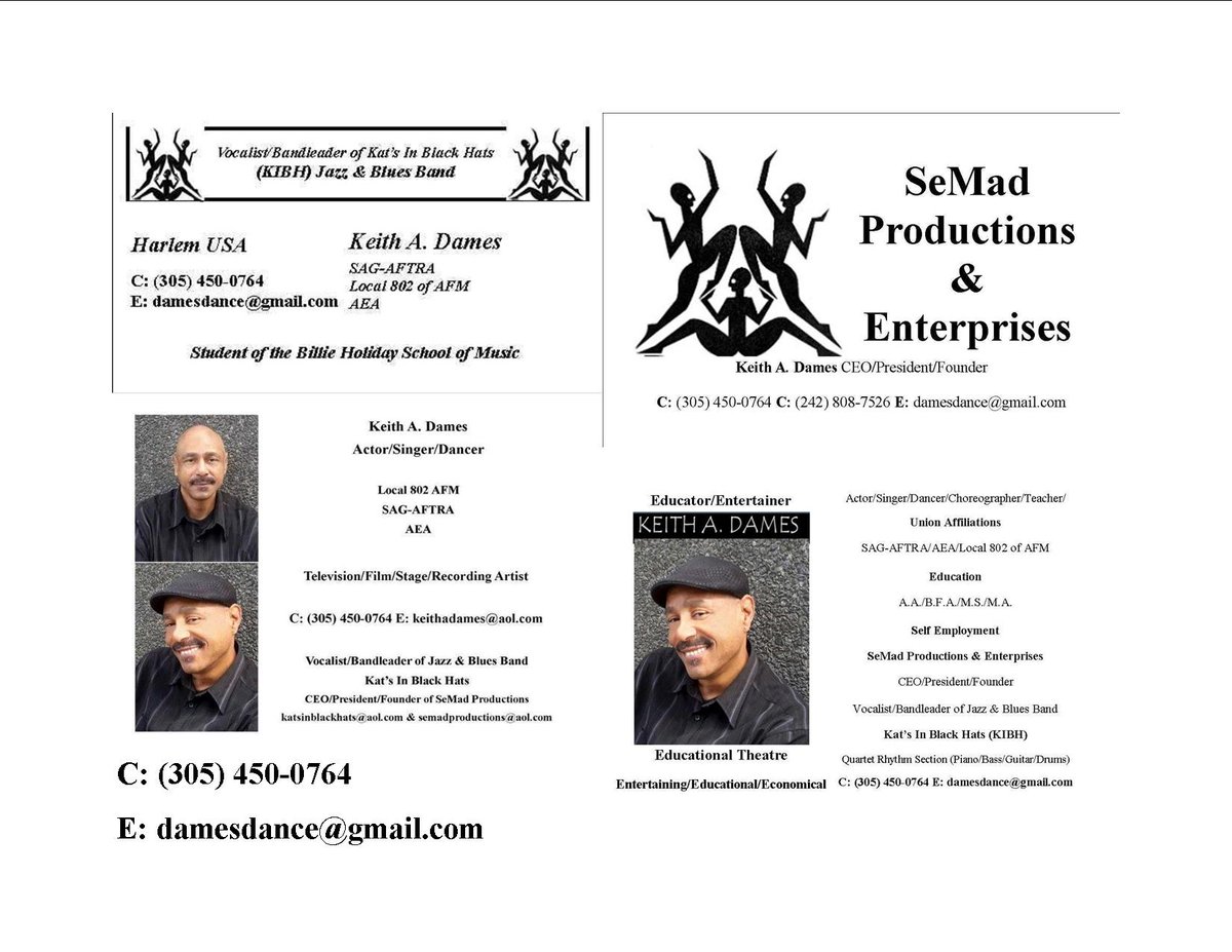 Keith A. Dames (@keithadames1) on Twitter photo Vocalist/Bandleader Keith A. Dames & Da Jazz & Blues Band
Dem' Kat's In Black Hats! (KIBH)
Available for Bookings!
Contact: Keith A. Dames (KAD)
C: (305) 450-0764 E: damesdance@gmail.com Vocalist/Bandleader Keith A. Dames & Da Jazz & Blues Band
Dem' Kat's In Black Hats! (KIBH)
Available for Bookings!
Contact: Keith A. Dames (KAD)
C: (305) 450-0764 E: damesdance@gmail.com