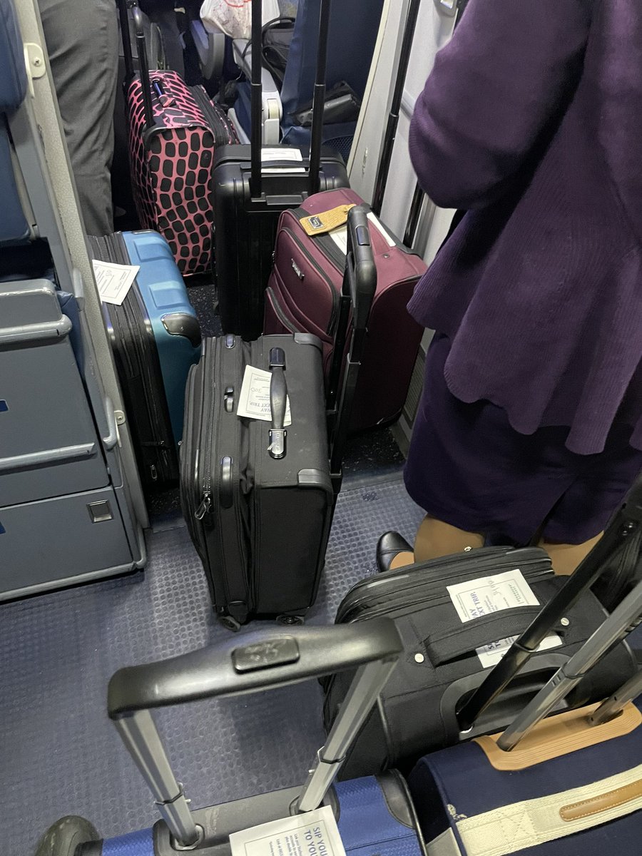 ktwakefield's tweet photo. @Delta charges $30 to check a bag…everyone carries on…no more room in bins…flight attendants have to run a much less efficient checking procedure in the back of the plane for free…flights delayed…chaos ensues. https://t.co/Ia3pZflG7y