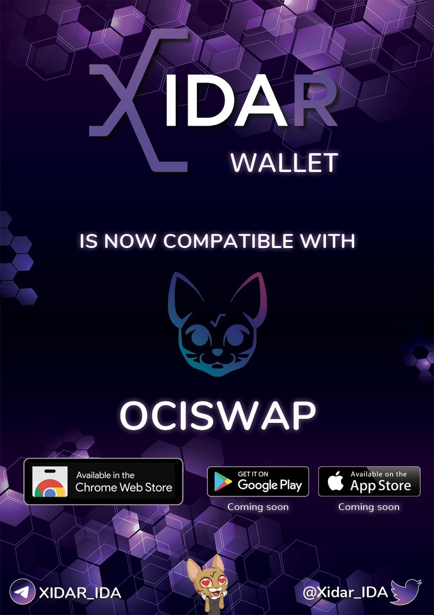 🎉 NEW WALLET INTEGRATION 🎉

We're very happy to announce that the wallet is now compatible with <a href="/ociswap/">Ociswap - The Radix DEX</a> !! 😻
Go to ociswap.com/xidar

Telegram: 
<a href="/XIDAR_IDA/">XIDAR</a>

Twitter: 
<a href="/XIDAR_IDA/">XIDAR</a>

⬇ New version ! ⬇ 
Chrome app: chrome.xidar.io
Android: Very soon
iOS: Very soon