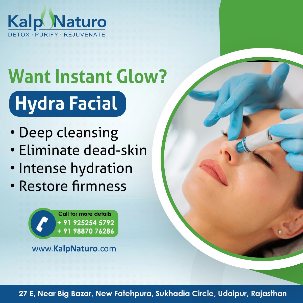 KalpNaturo's tweet photo. It's time to treat yourself with a HydraFacial and say goodbye to all your skin woes.

• Deep cleansing
• Eliminate dead-skin
• Intense hydration
• Restore firmness

#HydraFacial #LaserFacial #Facial  #SkinGlow #BeautyTreatment #SkinTreatment  #KalpNaturo #Udaipur https://t.co/wUd2RwCjOu