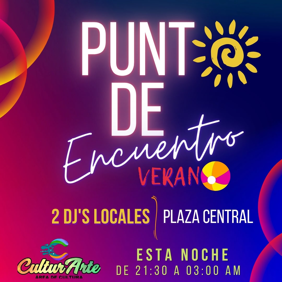 🗣 Esta noche a partir de las 21:30 horas te esperamos en la plaza central para disfrutar del Punto de Encuentro Verano 🎀🎊

🎉 Dj's locales en escena para recibir el fin de semana a pura diversión 🤗