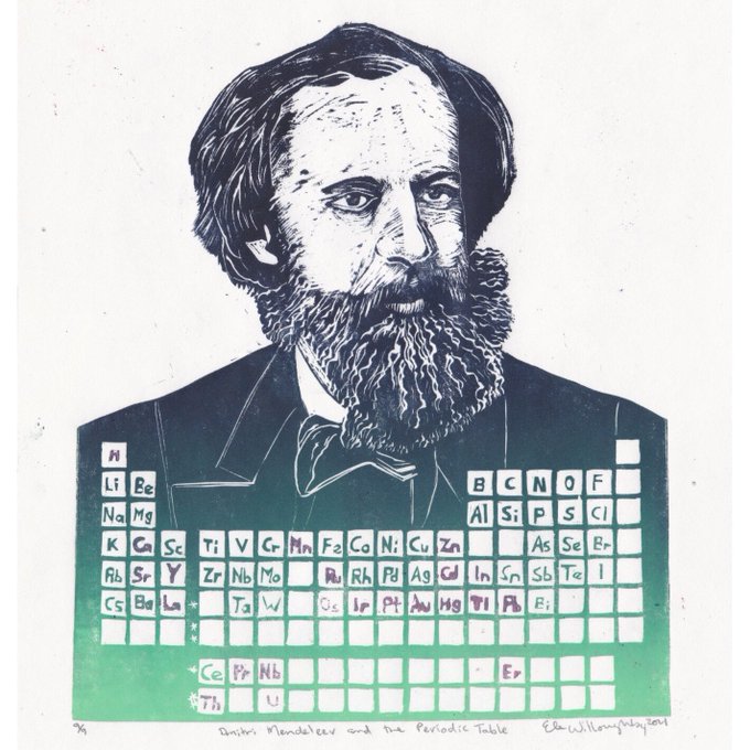 Linocut of Russian chemist Dmitri Mendeleev from shoulders up in a gradient of bright mint green at the bottom through navy to darkest blue-black at the top. He wears a suit with bow tie and a heavy bushy beard. The shape of the modern periodic table is carved into his chest as blank squares, and the elements he knew are indicated by their symbols. Those he included but not quite in the right place (because contemporary observations were still inconclusive) are indicated in pink). The blank squares were as-of-yet not discovered or isolated elements.