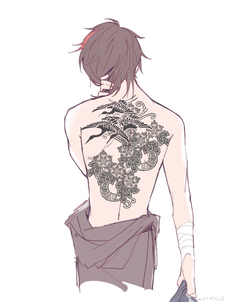 1boy back tattoo bandages brown hair from behind male focus red hair  illustration images