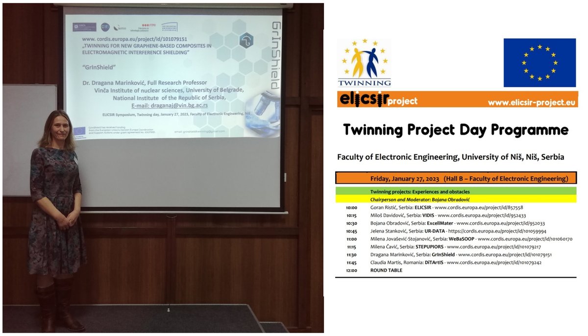 grinshield's tweet photo. Dr. Dragana Marinkovic presented the #GrInShield project at the final symposium of the #ELICSIR project held at the Faculty of Electronic Engineering, #University of Niš, 25-27th, 2023. New connections were made and some old ones got stronger #he, #eu, #twinning https://t.co/66AX2mIUv7