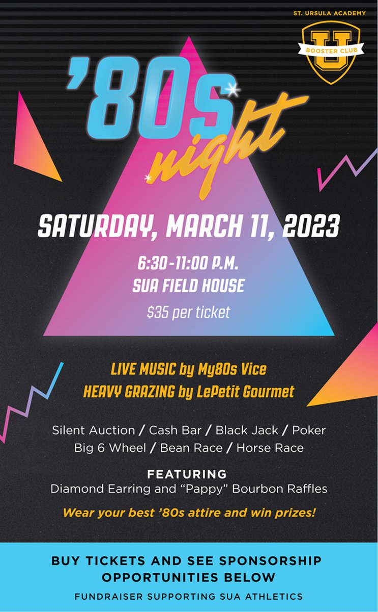 suaarrows's tweet image. Ready to dress '80s style and win prizes? Tickets are on sale now for the Arrow Booster Club's largest fundraiser. Sponsorships are also available! Click on the link for more details. Hope to see you there!
toledosua.org/80s-night