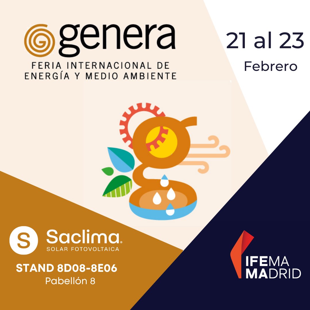 Queda muy poquito para #Genera2023 

📍  𝗦𝘁𝗮𝗻𝗱 𝟴𝗗𝟬𝟴 𝟴𝗘𝟬𝟲
📅 𝟮𝟭,𝟮𝟮 𝘆 𝟮𝟯 𝗱𝗲 𝗙𝗲𝗯𝗿𝗲𝗿𝗼
⌚ 𝗗𝗲 𝟭𝟬 𝗮 𝟭𝟵 𝗵𝗼𝗿𝗮𝘀

Os esperamos! 

Solicita tu 𝗲𝗻𝘁𝗿𝗮𝗱𝗮 𝗴𝗿𝗮𝘁𝘂𝗶𝘁𝗮 enviando un correo a: marketing@saclimafotovoltaica.com.
