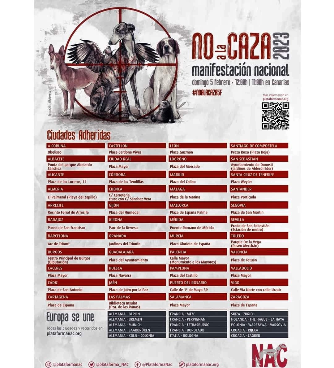 El 5 de Febrero debemos inundar las calles de todas las ciudades para gritar que la caza es muerte y destrucción, no a la caza! Mira qué ciudad te queda más cerca y acude a la concentración a las 12 del mediodía!!!💪
Organizado por <a href="/plataforma_NAC/">Plataforma NAC #NoALaCaza</a>

#noalacaza
#cazaesasesinato