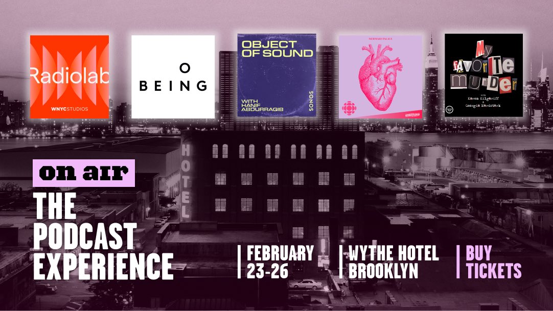 Meet ON AIR: THE PODCAST EXPERIENCE. An immersive installation bringing your fav podcasts to life! Interact with exhibits designed by the podcasters you love: @Radiolab @onbeing @objectofsound @theheartradio @MyFavMurder. Join us live in BK… get tix now! bit.ly/3XKxVOP