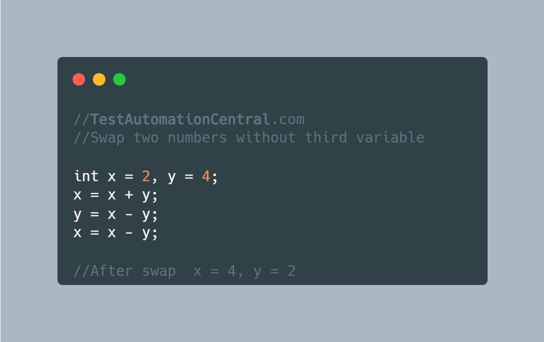 TestAutoCentral's tweet image. How to Swap two numbers without using a third variable in Java
For details tutorials and source code, visit - testautomationcentral.com/how-to-swap-tw…
#sdet #seleniumtutorial #automationtester #automationtesting #javaprogramming #javatutorial #javaprogram #javaquestions #testautomation
