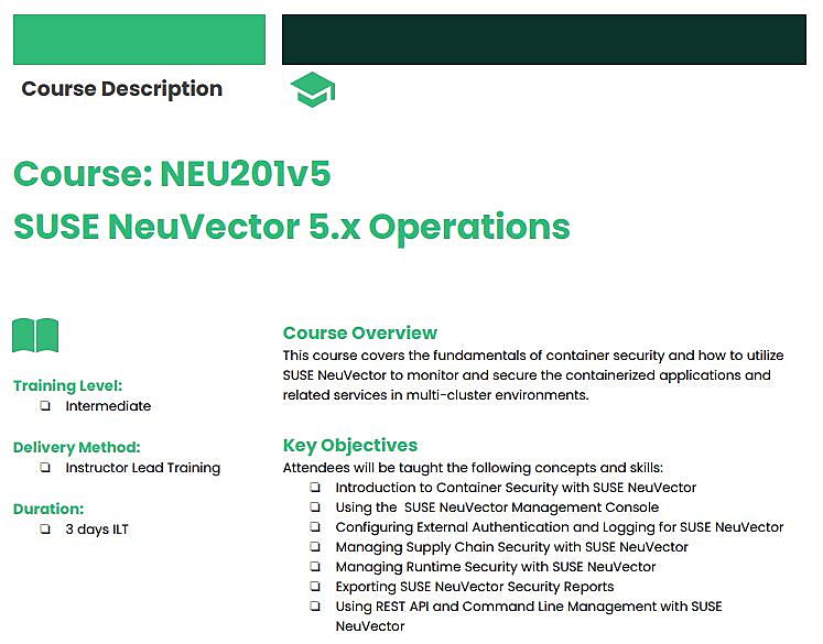 Check out the 3-day training course on @SUSE NeuVector 5.x Operations covering the fundamentals of #containersecurity and how to monitor and secure containerized applications and related services in multi-cluster environments: okt.to/sKH35j 

#susetraining #itsecurity