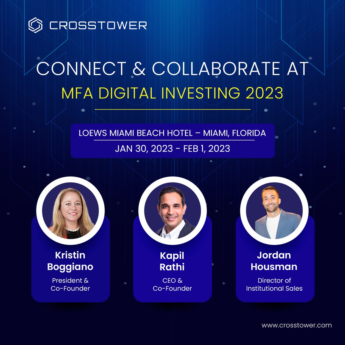 Please join CrossTower's President &amp; Co-Founder, <a href="/KristinBoggiano/">Kristin Boggiano</a>, as she speaks at MFA Digital Investing 2023 regarding Blockchain, Web 3.0, &amp; Metaverse Investing.

#CrossTower #Blockchain #Web3Community #Metaverse #BlockchainTechnology