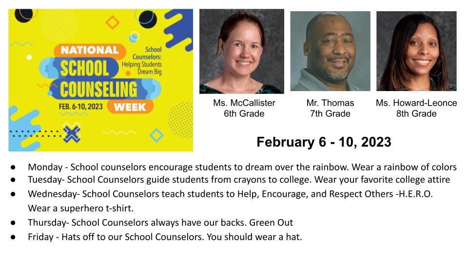 LRMS is celebrating National School Counseling Week 2/6-2/10.  Spirit Week days listed below.