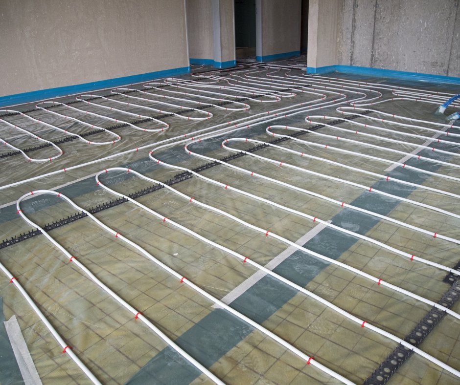 For new homes or remodels, consider in-floor heating. Some advantages are: 
- Even heat distribution 
- More energy efficient and cost effective 
- Disperses fewer allergens 
- Comfortable underfoot 
- Quiet system without fans or blowers

#infloorheating #heatingsolutions