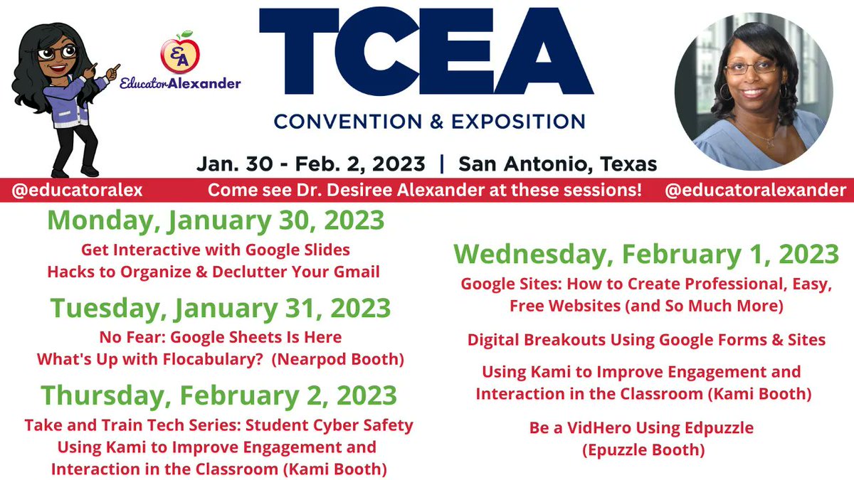 🤔Going to #TCEA23?

🙋🏽‍♀️SEE YOU THERE!

🌟 We are presenting!

#GlobalGEG @ideaillinois #IDEAil #education #classroom #edtech #K12 #teachers #googleedu @KamiApp @edpuzzle #GoogleEI #GoogleET #GEG #EdChat #EdLeaders #Edu #Educhat #Principals #teacher #futurereadylibs #librarians