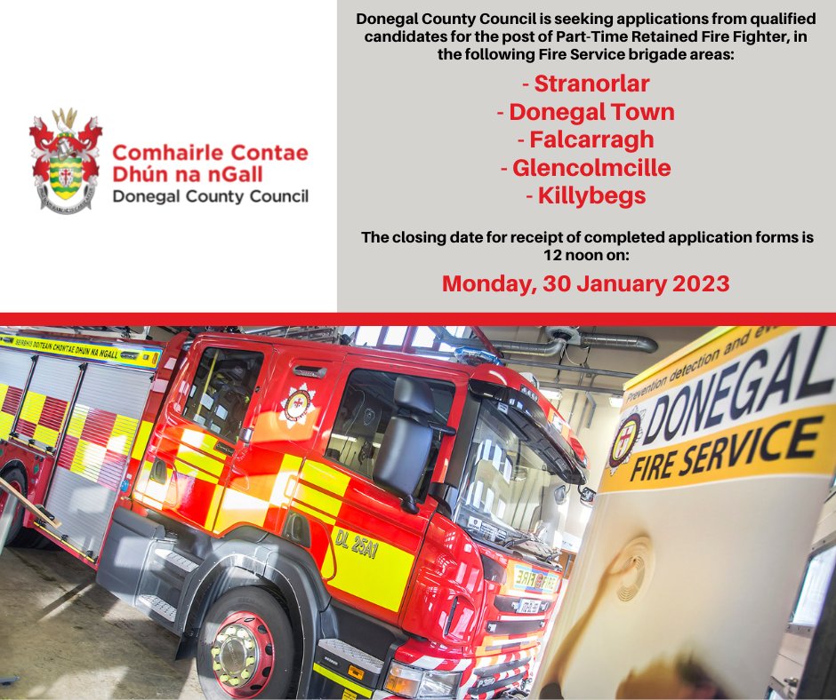 The following vacancies are being advertised by Donegal County Council;

- Part-time Retained Fire Fighter

Closing date; 12 noon 30.01.2023

Further Info; https://t.co/iU3yYTz1yE

#localgovjobs #donegal #jobs https://t.co/PMMDM0jDST