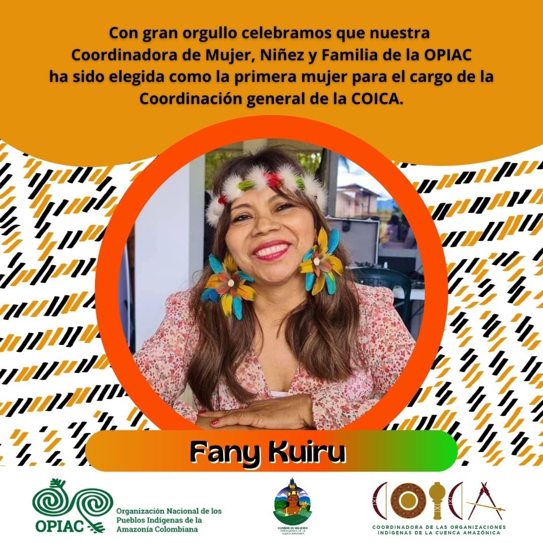 OPIAC_Amazonia's tweet photo. Con gran orgullo celebramos que nuestra Coordinadora de Mujer, Niñez y Familia de OPIAC, FANY KUIRU ha sido elegida como Coordinadora General de la @coicaorg . 

Por primera vez en 38 años de historia, una mujer es electa democráticamente para la Coordinación general de la COICA https://t.co/cWvSzoW4Cc
