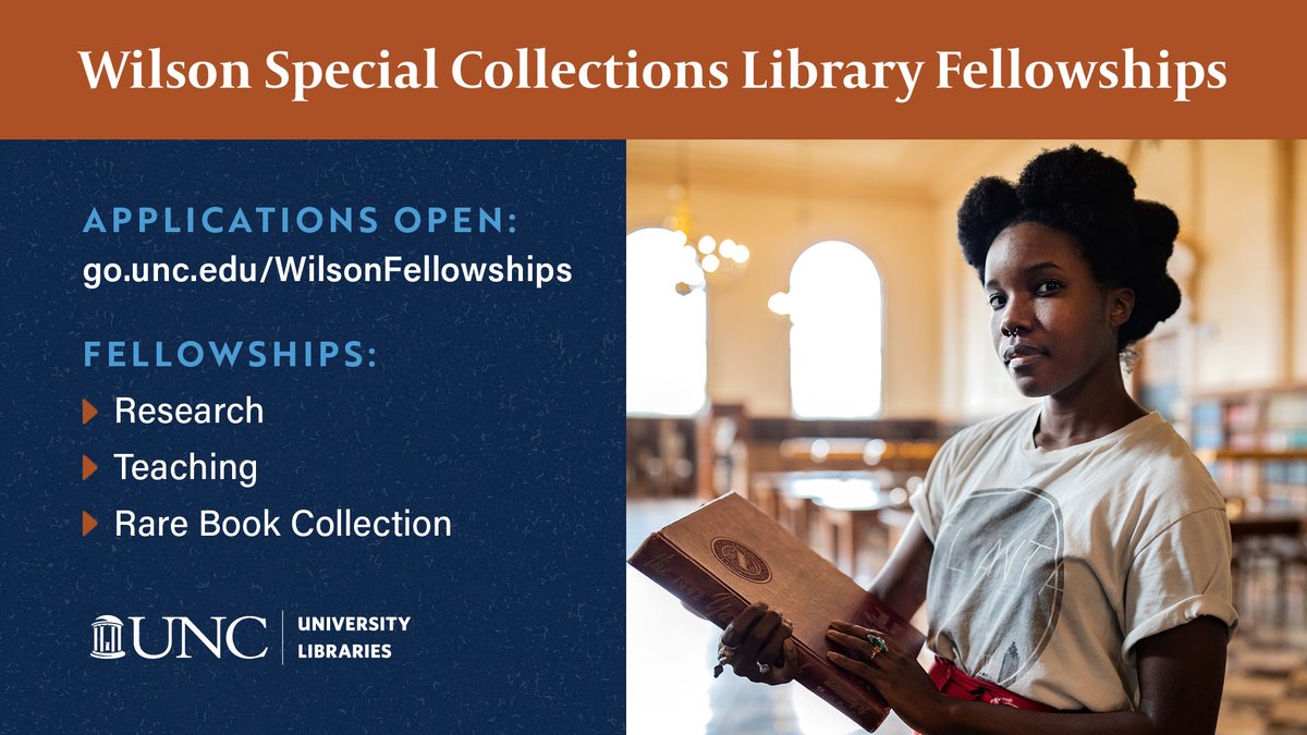 UNC Library (@unclibrary) on Twitter photo Graduate students and researchers: apply now for funding opportunities to use the resources available in the <a href="/WilsonLibUNC/">Wilson Library, UNC Chapel Hill</a>'s special collections. Learn more about the Fellowships and apply by 1/31: go.unc.edu/WilsonFellowsh… Graduate students and researchers: apply now for funding opportunities to use the resources available in the <a href="/WilsonLibUNC/">Wilson Library, UNC Chapel Hill</a>'s special collections. Learn more about the Fellowships and apply by 1/31: go.unc.edu/WilsonFellowsh…