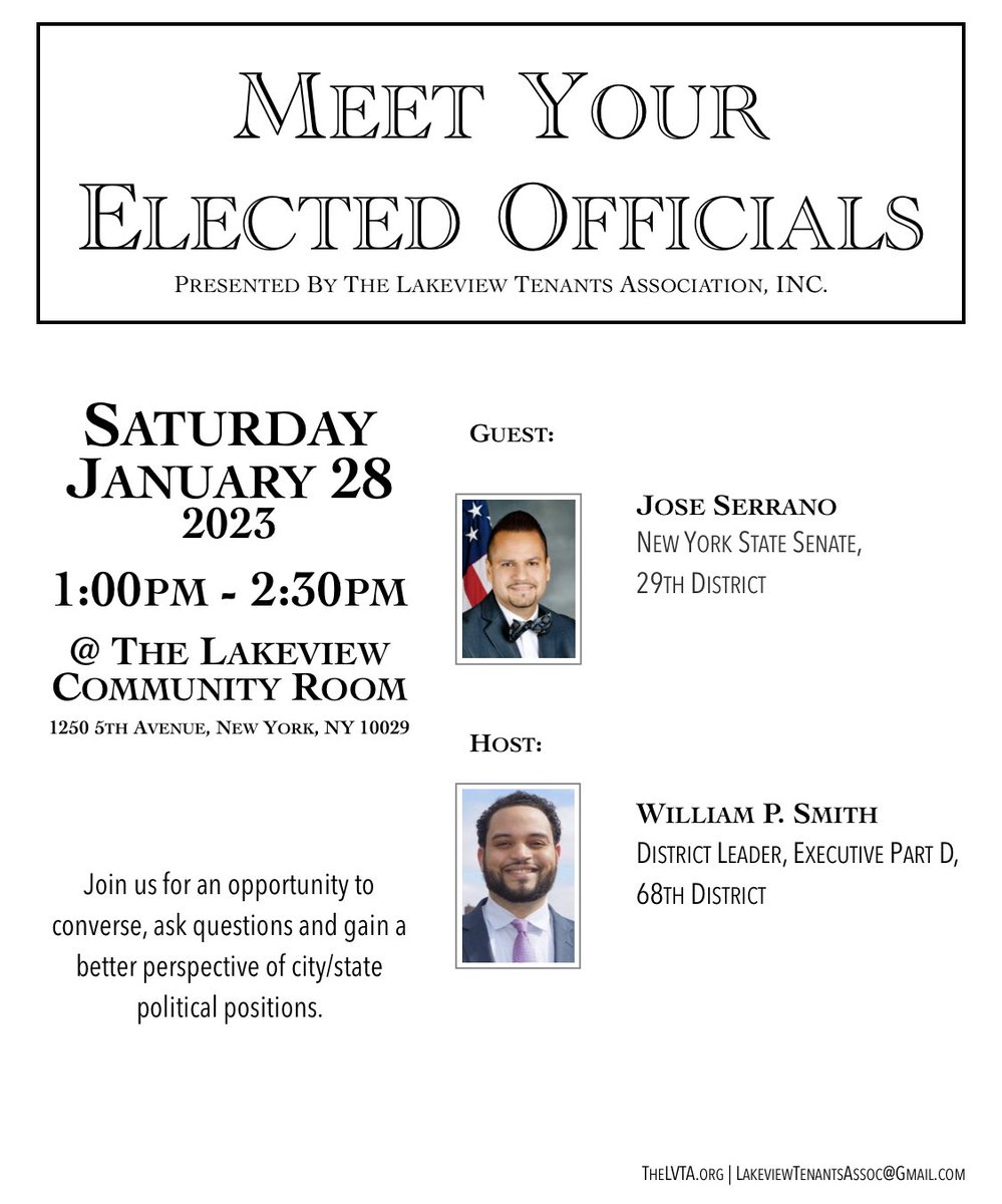 TheLVTA's tweet photo. Join us in conversation with NYS Senator Jose Serrano (D).

Hosted by District Leader William Smith (D).

#NewYork
#NewYorkCity
#Manhattan
#EastHarlem
#Harlem
#SpanishHarlem 
#ElBarrio https://t.co/D0wr2wLoQ6