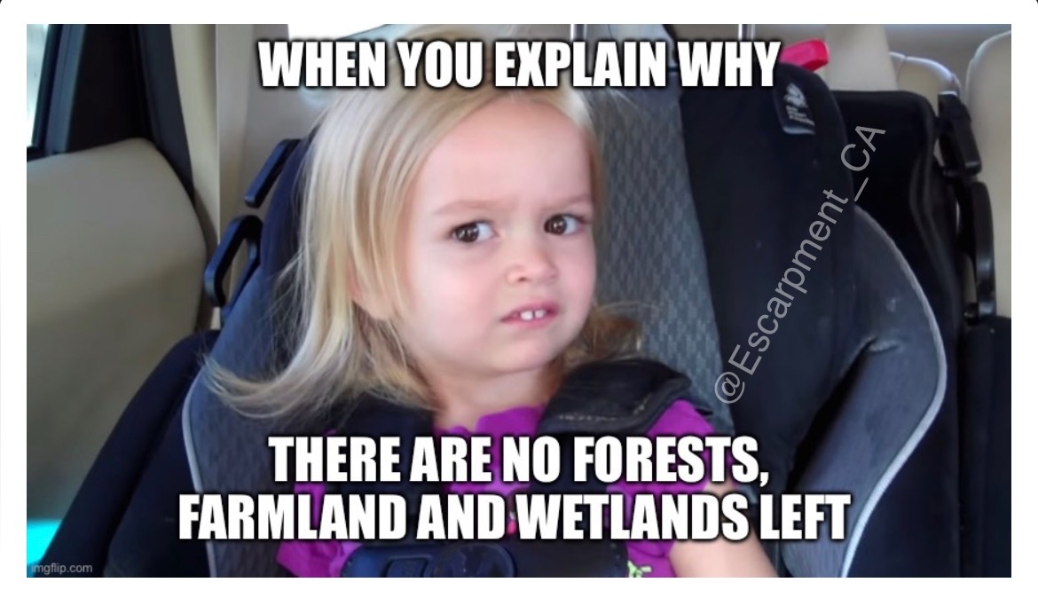 Escarpment_CA's tweet photo. It's another Meme Monday.  

Developers and Politicians: 
We are once again asking you to consider NOT developing the Niagara Escarpment 

#Ontario #HandsOfftheGreenbelt   #Ontarians #RepealBill23 #Stop23 #NiagaraEscarpment #Nature #Greenbelt #Sustainability  #Wetlands #Canada https://t.co/ZOlJjfNgBr